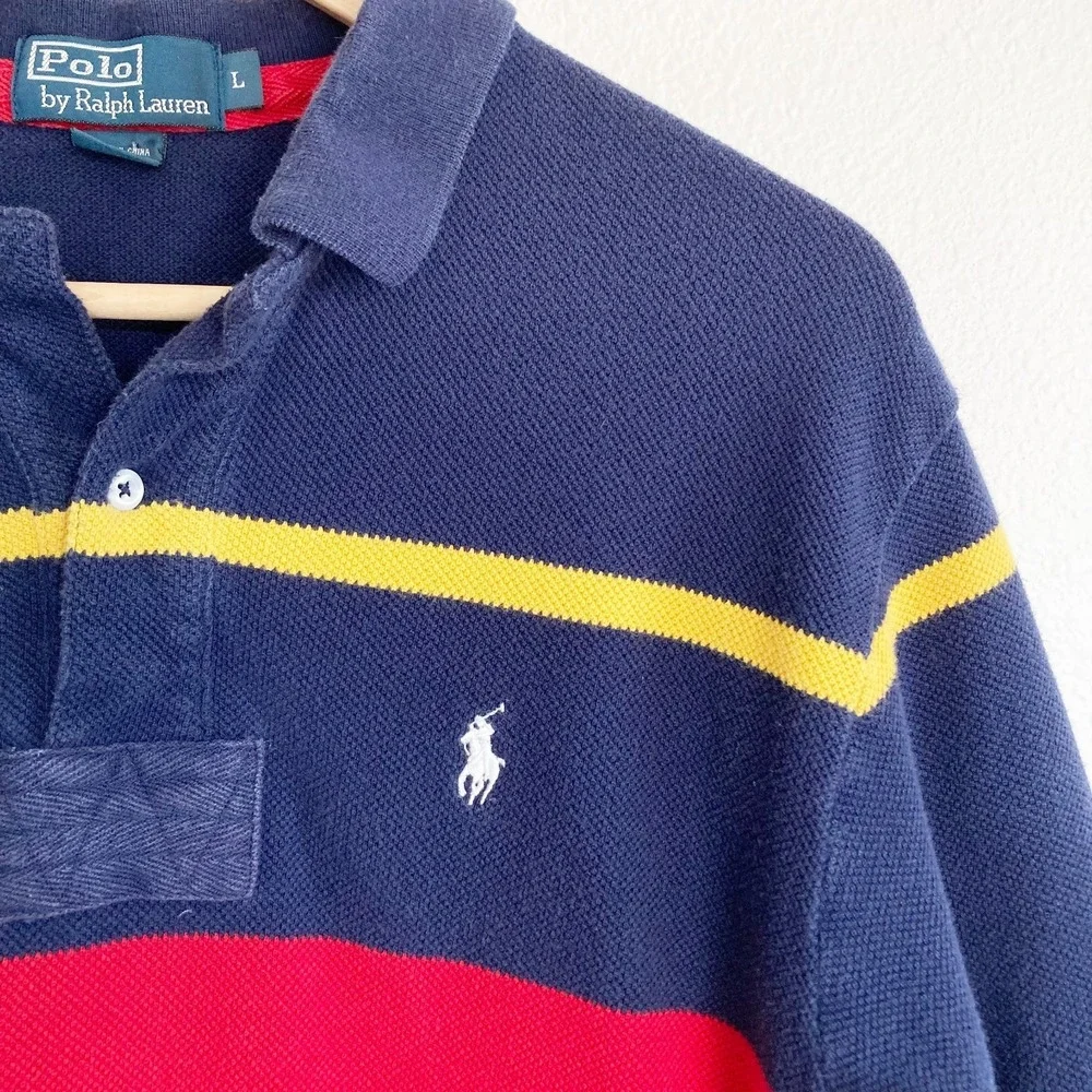 Vintage Polo Ralph Lauren Rugby Polo Shirt Mens L Blue Stripe Cotton Pique